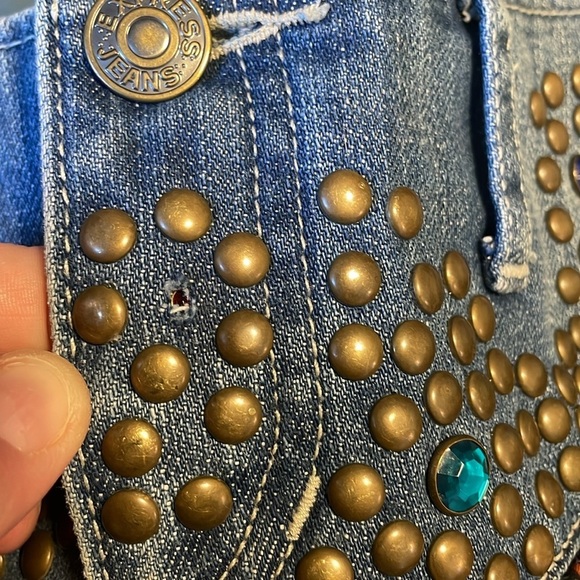 Y2K Western Ruffle Mini Skirt 6 Jean Floral Jewel Stud Express Denim 00s Baby - Picture 4 of 16
